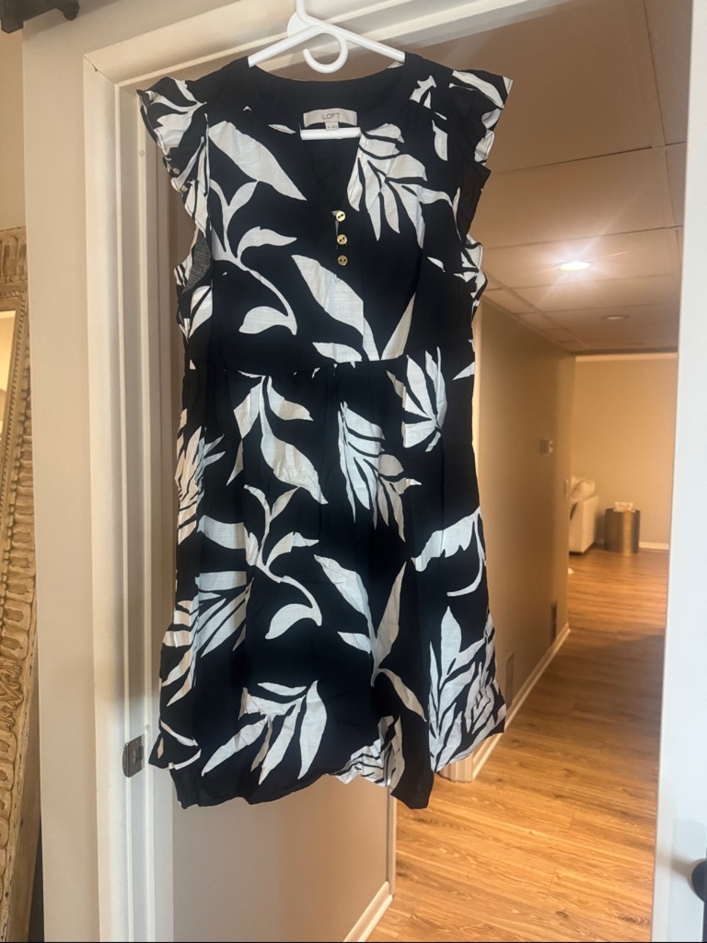 LOFT Black and White Leaf-Print Mini Dress